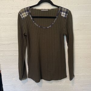 Cabincore Loveappella Women's Long Sleeve Ribbed Top Plaid Olive Sm